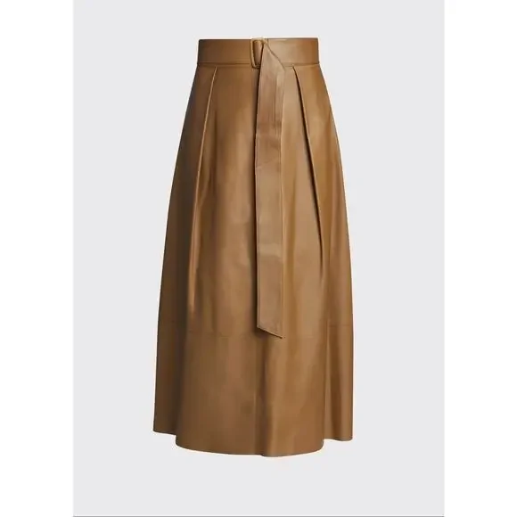 Vince Midi Skirt Tan Belted Lamb Leather A-line High Waist Luxe Minimalist Sz 10